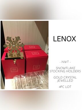 LENOX - NWT - 4PCS - GOLD CRYSTAL JEWELLED SNOWFLAKE CHRISTMAS STOCKING HOLDERS